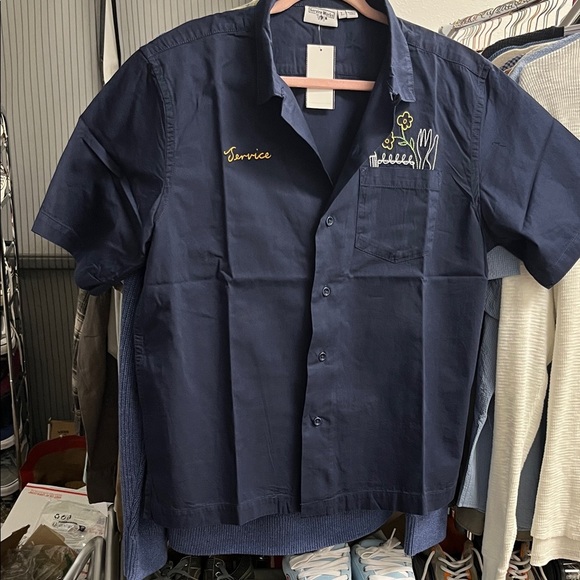 Service Works Men's Navy Blue Embroidered Casual Camp Shirt - Picture 1 of 8